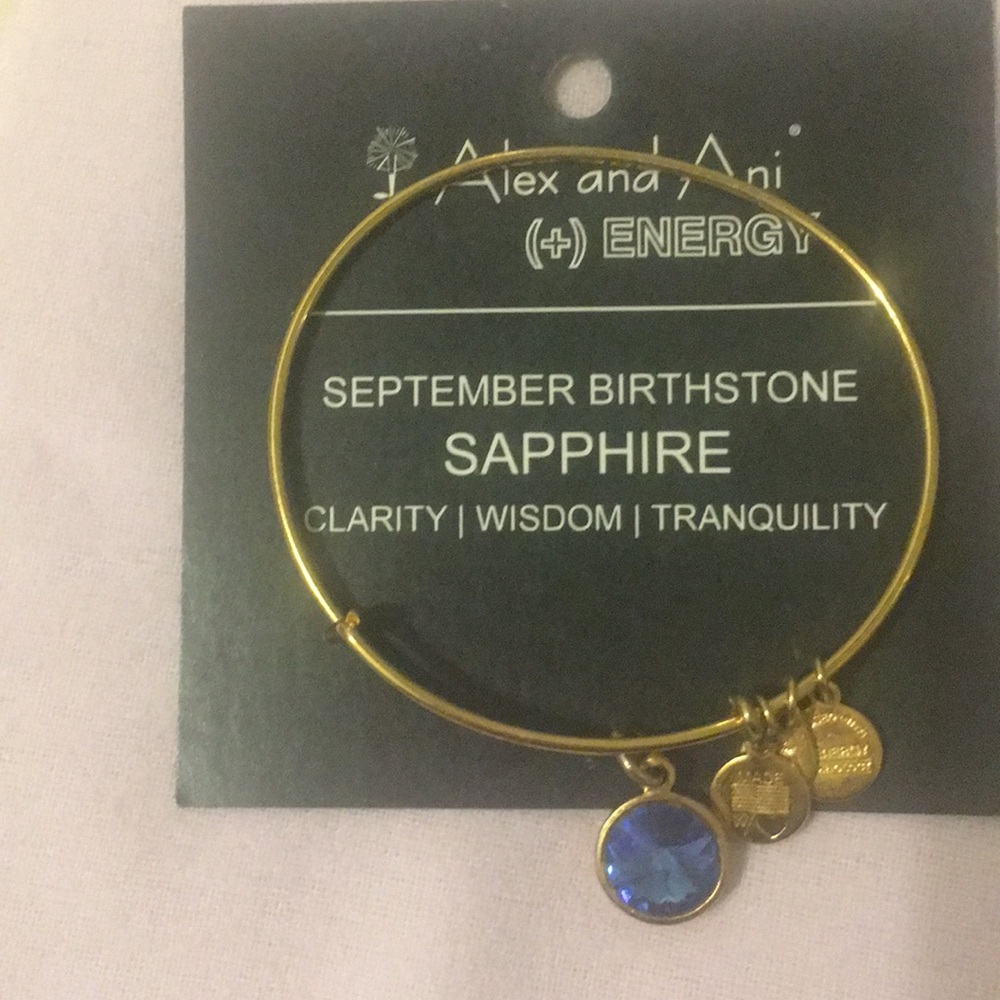 Alex and Ani Gold Bangle Bracelet with Blue Birthstone Sapphire Charm